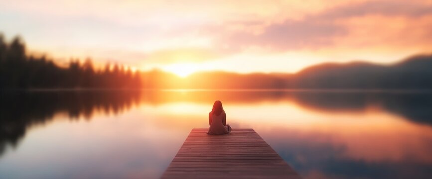 Woman on dock, serene lake view at sunset - Powered by Adobe