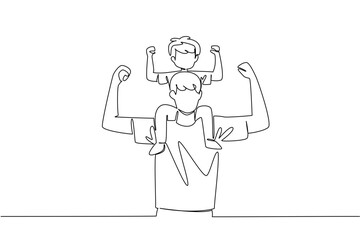 Single one line drawing a father carries his son on shoulders and poses like a bodybuilder. Working together to maintain health. International Day of Boys. Continuous line design graphic illustration