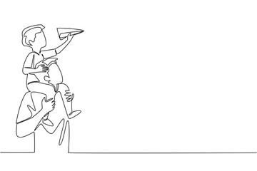 Single continuous line drawing father carrying his son on his shoulders and the child holding a paper airplane. Fun with toy planes. International Day of Boys. One line design vector illustration