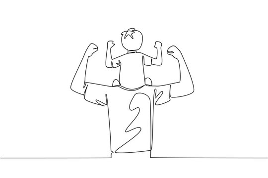 Single one line drawing rear view, a father carries son on shoulders and poses like a bodybuilder. Bonding in the afternoon. International Day of Boys. Continuous line design graphic illustration