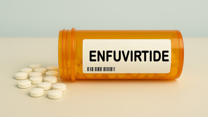 Box of ENFUVIRTIDE tablets on a hospital pharmacy table used to treat HIV infection a fusion...