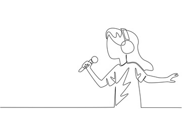 Single one line drawing a girl wearing headphones and posing singing and holding a mic. Keeping the dream alive. Singer. Hobby. International Day of Boys. Continuous line design graphic illustration