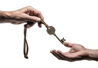 Deeply weathered elder hands transfer an ornate dark bronze arcane key with a distressed leather loop, the second hand reverently receiving on transparent, ancient knowledge transfer