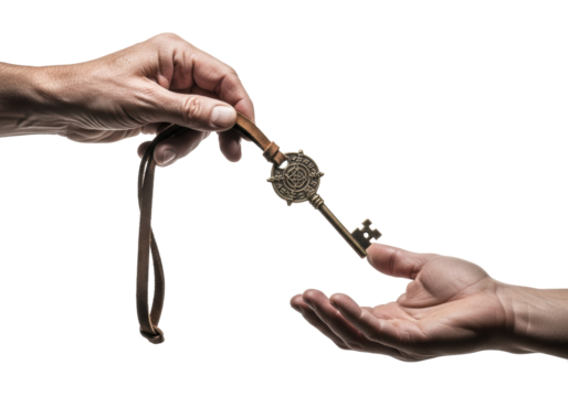 Deeply weathered elder hands transfer an ornate dark bronze arcane key with a distressed leather loop, the second hand reverently receiving on transparent, ancient knowledge transfer - Powered by Adobe