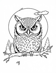 Minimilist detailed line art of an owl perched on a branch against a full moon and pine trees background vector