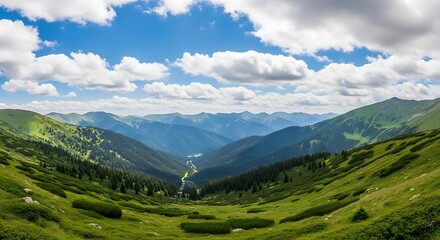 Obraz premium Lush Green Valley in the Carpathian Mountains under a Blue Sky.