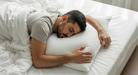 Young man sleeping soundly in a clean, bright bed. This peaceful image is perfect for showcasing themes of rest, relaxation, good health, and a comfortable lifestyle.