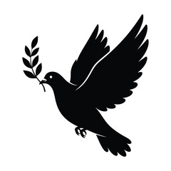 Black silhouette of a dove flying with a laurel branch in its beak bird