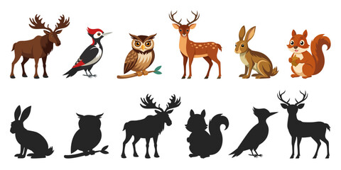 Wild forest animals with silhouettes. Vector illustration of woodland creatures with black shadow shapes isolated on white background. Find the correct shade.