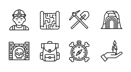 Adventure and exploration icons featuring a miner map pickaxe cave and backpack silhouette