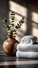 A vase with a plant in it sits on a table next to a stack of white towels. The vase and towels create a sense of calm and relaxation, as if someone is preparing for a spa day