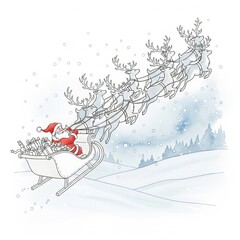 Watercolor Illustration of Santa Claus Sleighing Through Snowy Winter Landscape in Daytime