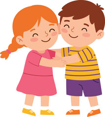Joyful kids embrace cartoon illustration happy childhood friends hugging vector