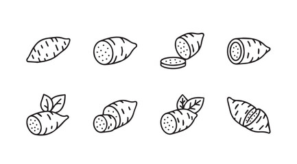 Collection of hand drawn sweet potato illustrations in silhouette style