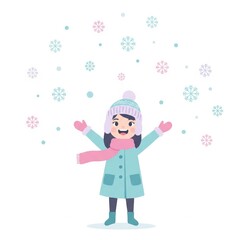 Obraz premium Happy Girl in Winter Clothing Surrounded by Falling Snowflakes on White Background
