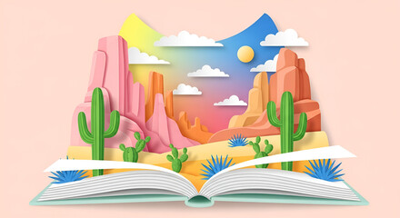 Fototapeta premium Paper style desert landscape diorama unfolding from an open book