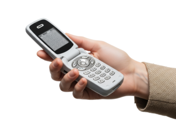 Pale, slender hand with unpolished nails and rustic linen sleeve cradling a retro flip phone displaying static on a transparent studio background, digital minimalism concept