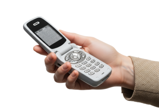 Pale, slender hand with unpolished nails and rustic linen sleeve cradling a retro flip phone displaying static on a transparent studio background, digital minimalism concept