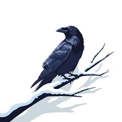 Fototapeta premium Pixel Art of Black Raven Perched on Snowy Branch Against White Background Illustration