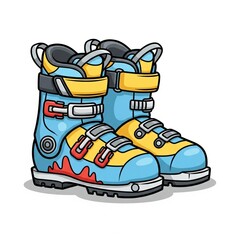 Pair of Blue and Yellow Ski Boots with Red Accents on White Background