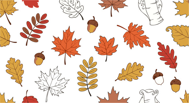A vibrant collection of autumn leaves and acorns in warm hues, celebrating the beauty of the fall season with intricate details and charming illustrations