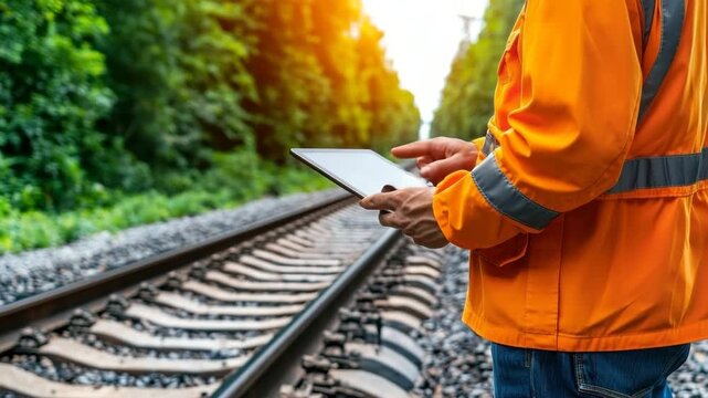 Railway worker checks data on tablet while monitoring train tracks in a lush green environment