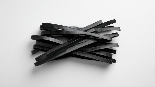 A haphazard pile of long, thin, black, flat strips on a white background.  They appear to be made of a pliable material