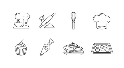 Collection of baking and cooking utensils and food items silhouette