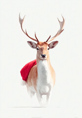 A deer with a red Santa hat on its back. The deer is standing in front of a white background