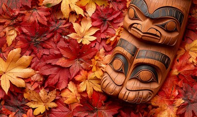 Autumn leaves and a totem carving
