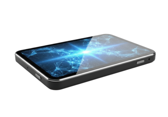 Ultra-modern minimalist smart display, black aerospace aluminum frame, vibrant holographic screen, ethereal blue network glow, isolated on transparent. Concept of advanced future technology