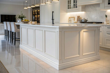 White kitchen island with paneled detail paneled island