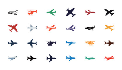 A large collection of various airplane and helicopter icons in different colors and designs, for aviation and transport.