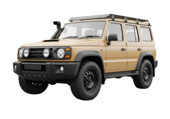 Robust matte desert sand utility SUV, boxy design, mesh grille, large headlamps, black wheels, knobby tires, roof rack, on transparent background with copy space, concept of rugged reliability