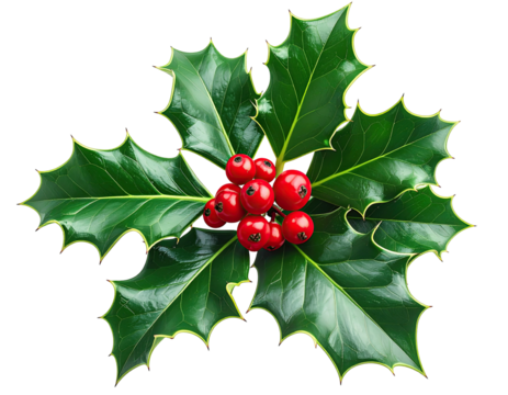 Close-up of holly sprig with vibrant red berries and lush green leaves