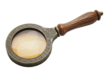 Ancient handcrafted magnifying glass with hazy amber lens, tarnished bronze frame, arcane symbols, gnarled oak handle on white, concept of forgotten knowledge and hidden truths