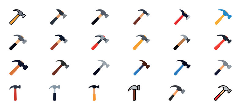 A diverse collection of hammer icons, including various types like claw hammers and mallets, in different colors and designs.