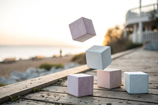 Floating pastel cubes on wooden boardwalk muted gradient - Powered by Adobe