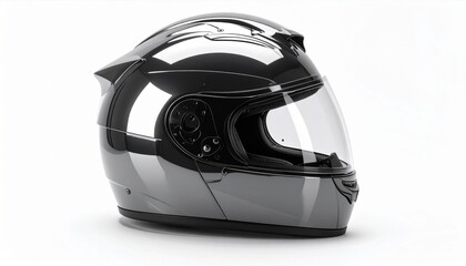 Fototapeta premium Sleek Black Motorcycle Helmet with Glossy Finish on White Background for Protection