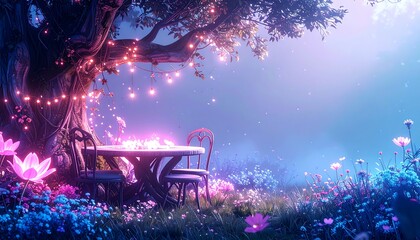 A serene and magical table set for a romantic date in an enchanted, glowing forest meadow at twilight