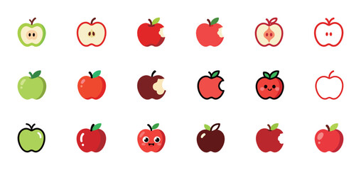 A set of apple icons in different styles and colors, some with bites or cute faces, in a flat vector design.