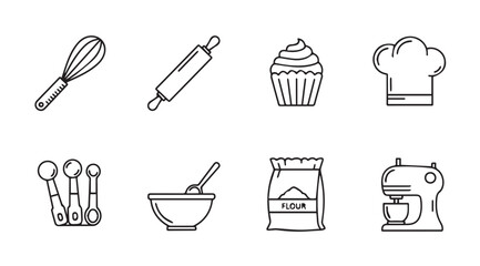 Collection of baking utensils and ingredients in a simple silhouette style