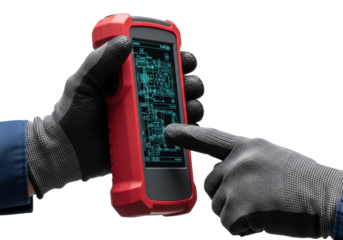 Heavily gloved hand gripping crimson industrial diagnostic device, other thumb on rugged screen with glowing blue schematics, isolated on white studio background with copy space, bright high-key