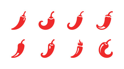 A collection of chili pepper icons in a simple red silhouette style, with different shapes and designs.