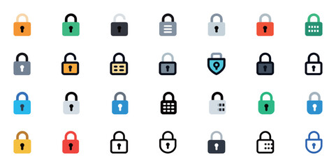 A set of various padlock and lock icons in different colors and styles, symbolizing security, privacy, and safety.