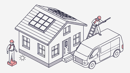 Naklejka premium Isometric illustration showing solar panel installers servicing residential and commercial roofs, emphasizing ecological energy solutions and eco-business support.