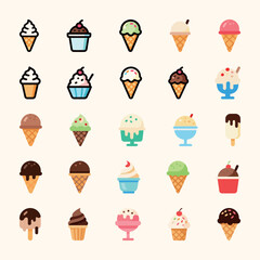 Set of ice cream icons with different flavors and forms. Simple vector illustrations for dessert, summer, and sweet food concepts. Flat style for web, apps, and presentations on white background.