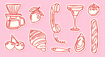 Cute red line sticker set with coffee, croissant, cocktail, cherries, lemon, tomato, baguette, oyster, sardine, retro phone. European bistro aesthetic. Hand drawn doodle for cafe and lifestyle design.