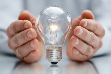 Glowing light bulb, hands protecting, symbolizing innovation, ideas, future.