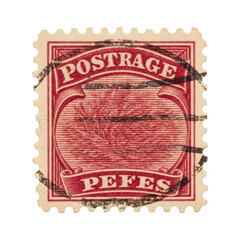 Obraz premium A single ruby red vintage postage stamp with deckle-cut edges and fibrous paper, isolated on a pure transparent background. Concept of rare historical artifact
